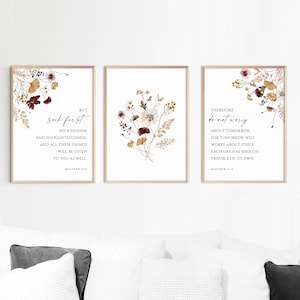 Mateo 6:33-34 Versículo bíblico Arte de la pared Escritura de acuarela Impresión de flores silvestres Decoración de la pared de otoño Conjunto de 3 impresiones