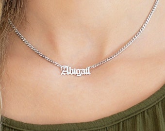 14k Solid Gold Name Necklace - Gothic Name Necklace - Name Necklace with Curb Chain - Old English Name Necklace, Gothic Name Nameplate