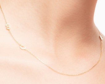 14K Solid Gold Sideways Initial Necklace - 14K Initial Necklace - Initial Jewelry - Mom Gift, Tiny Letter - Tiny Initial Necklace