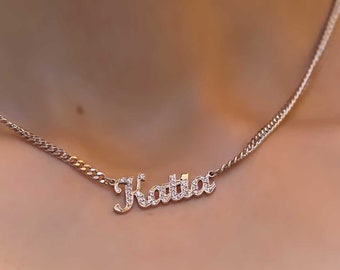 Name Necklace With CZ Stone - Name Necklace with Curb Chain - Initial Diamond Necklace - CZ Diamond - Pave Stone Initials - Christmas gift