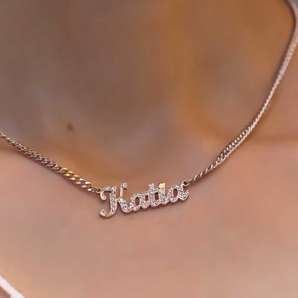 Name Necklace With CZ Stone - Name Necklace with Curb Chain - Initial Diamond Necklace - CZ Diamond - Pave Stone Initials - Christmas gift