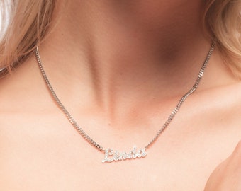 Name Necklace With CZ Stone - Name Necklace with Curb Chain - Initial Diamond Necklace - CZ Diamond - Pave Stone Initials - Christmas gift