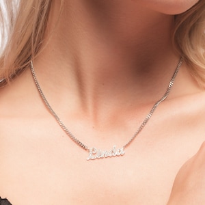 Name Necklace With CZ Stone - Name Necklace with Curb Chain - Initial Diamond Necklace - CZ Diamond - Pave Stone Initials - Christmas gift