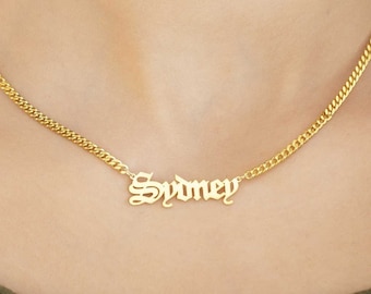 14k Solid Gold Name Necklace - Gothic Name Necklace - Name Necklace with Curb Chain - Old English Name Necklace, Gothic Name Nameplate