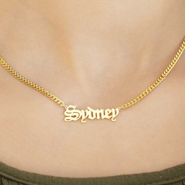 14k Solid Gold Name Necklace - Gothic Name Necklace - Name Necklace with Curb Chain - Old English Name Necklace, Gothic Name Nameplate