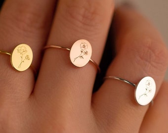 14K Gold Dainty Flower Ring - Custom Signet Ring - Bridesmaid Gift - Birth Flower Ring - Minimalist Ring - Summer Jewelry - Flower Jewelry