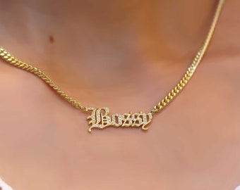 Gothic Name Necklace With CZ Stone - Pavé Gothic Name Necklace on Curb Chain - Initial Diamond - Pave Stone Initials - Christmas gift
