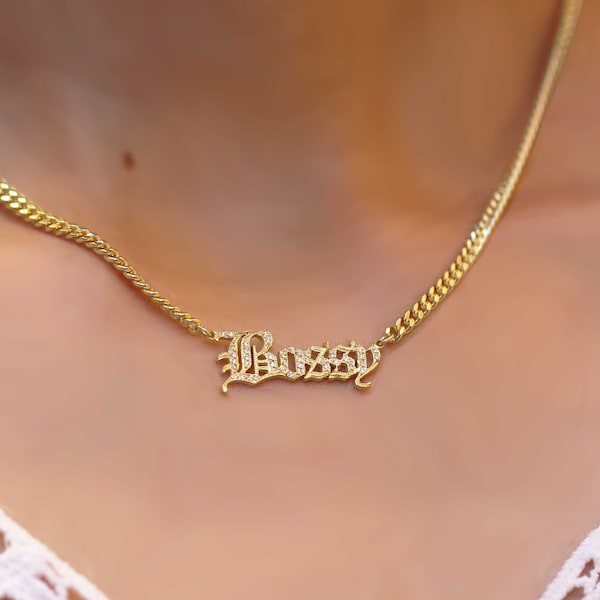 Gothic Name Necklace With CZ Stone - Pavé Gothic Name Necklace on Curb Chain - Initial Diamond - Pave Stone Initials - Christmas gift