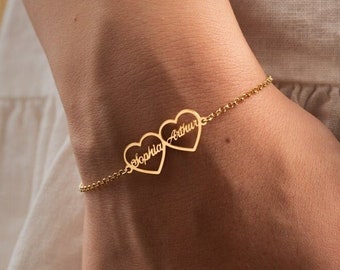 Double Heart Bracelet with Custom Names - Two Name Bracelet With Heart - Name Bracelet - Custom Name Bracet - Couple Bracelet