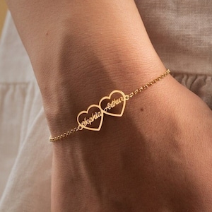 Double Heart Bracelet with Custom Names - Two Name Bracelet With Heart - Name Bracelet - Custom Name Bracet - Couple Bracelet