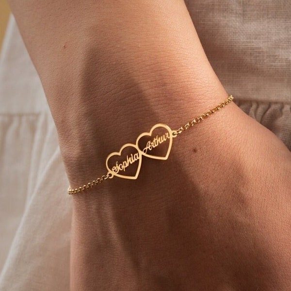 Pulsera de plata de ley con doble corazón: pulsera personalizada con nombre para pareja