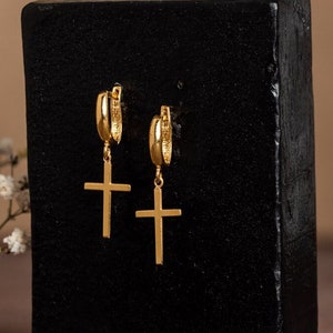 Cross Earrings - Cross Hoop Earrings - Charm Hoop Earrings - Hoop with Cross - Dainty Hoop Earrings -  Religious Gift