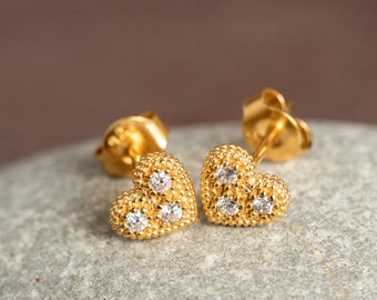 Diamond Heart Stud - GOLD Heart Earrings - Heart Stud Earrings - Heart CZ Stud Earrings in Sterling Silver - Cartilage Earrings