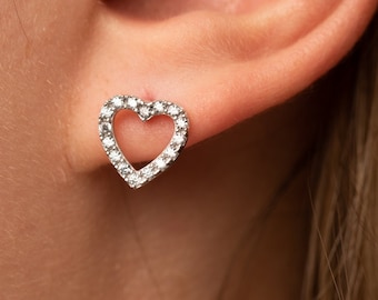 Handmade Sterling Silver Heart CZ Stud Earrings