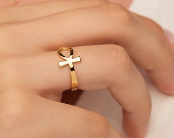 GOUDEN Ankh Ring - Kruis Ring - Massief Gouden Ring - Egyptische Ring - Minimalistische Sieraden - Egyptische Ankh Kruis - Handgemaakte Ring - Sleutel van het Leven Ring