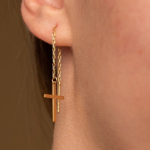 Cross Earrings - shops Cross Hoop Earrings - Charm Hoop Earrings - Hoop with Cross - Dainty Hoop Earrings - Religious Gift