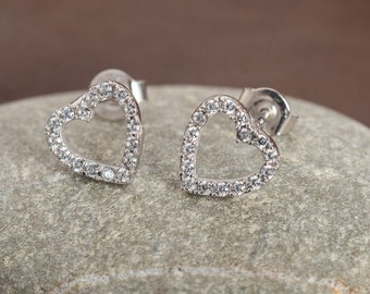 Diamond Heart Stud - GOLD Heart Earrings - Heart Stud Earrings - Heart CZ Stud Earrings in Sterling Silver - Cartilage Earrings