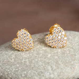 Diamond Heart Stud - GOLD Heart Earrings - Heart Stud Earrings - Heart CZ Stud Earrings in Sterling Silver - Cartilage Earrings