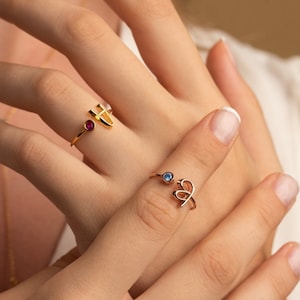Anillo inicial de piedra de nacimiento - Regalos de cumpleaños - Anillo de carta - Regalos de dama de honor - Anillo inicial - Anillo inicial de oro - Anillo de madres