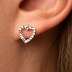 Diamond Heart Stud - GOLD Heart Earrings - Heart Stud Earrings - Heart CZ Stud Earrings in Sterling Silver - Cartilage Earrings