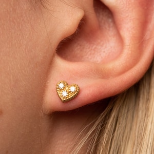 Diamond Heart Stud - GOLD Heart Earrings - Heart Stud Earrings - Heart CZ Stud Earrings in Sterling Silver - Cartilage Earrings