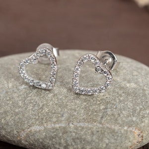 Diamond Heart Stud - GOLD Heart Earrings - Heart Stud Earrings - Heart CZ Stud Earrings in Sterling Silver - Cartilage Earrings