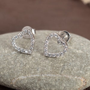 Diamond Heart Stud GOLD Heart Earrings Heart Stud Earrings Heart CZ Stud Earrings in Sterling Silver Cartilage Earrings image 1