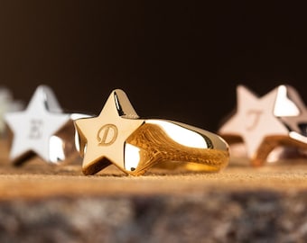 Star Signet Ring - Personalized Signet Ring- Dainty Silver Ring - 14K Solid Gold Signet Ring- Solid 925 Sterling Ring Round Signet