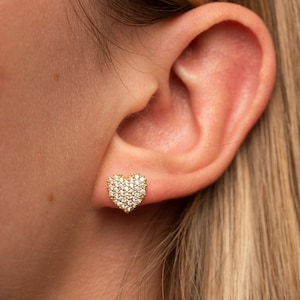 Diamond Heart Stud - GOLD Heart Earrings - Heart Stud Earrings - Heart CZ Stud Earrings in Sterling Silver - Cartilage Earrings