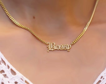 Custom Crystal Nameplate Diamond Name Necklace Tiny Women Pendant Gold Gift For Her Name Necklace CZ Zircon Gemstones Dainty Raw Gem