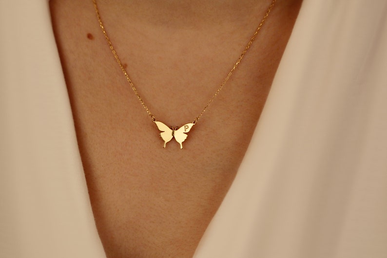 Butterfly Necklace, Initial Necklaces, Gold Butterfly Necklaces, Solid Gold Butterfly Pendant, Butterfly initial Necklace, Mothers day gift image 4