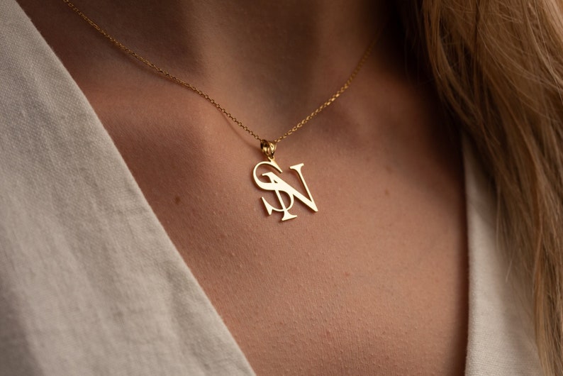 Two Initials Necklace Double Letters Pendant Double Initial Etsy