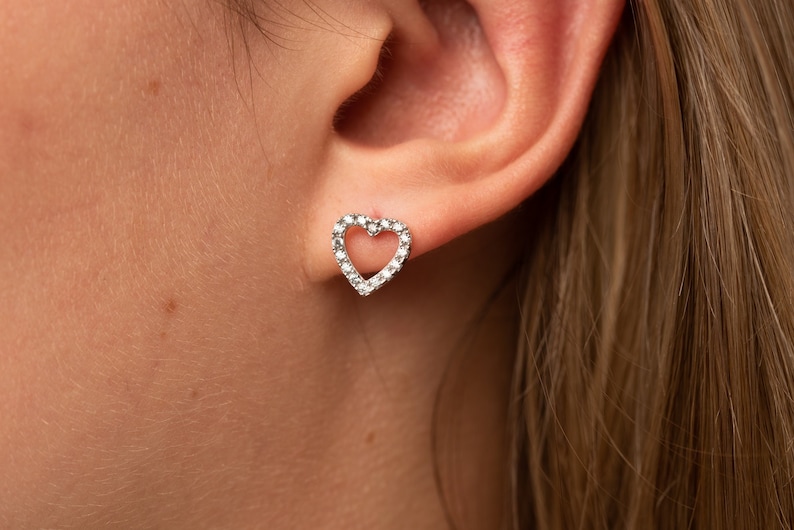 Diamond Heart Stud GOLD Heart Earrings Heart Stud Earrings Heart CZ Stud Earrings in Sterling Silver Cartilage Earrings image 2