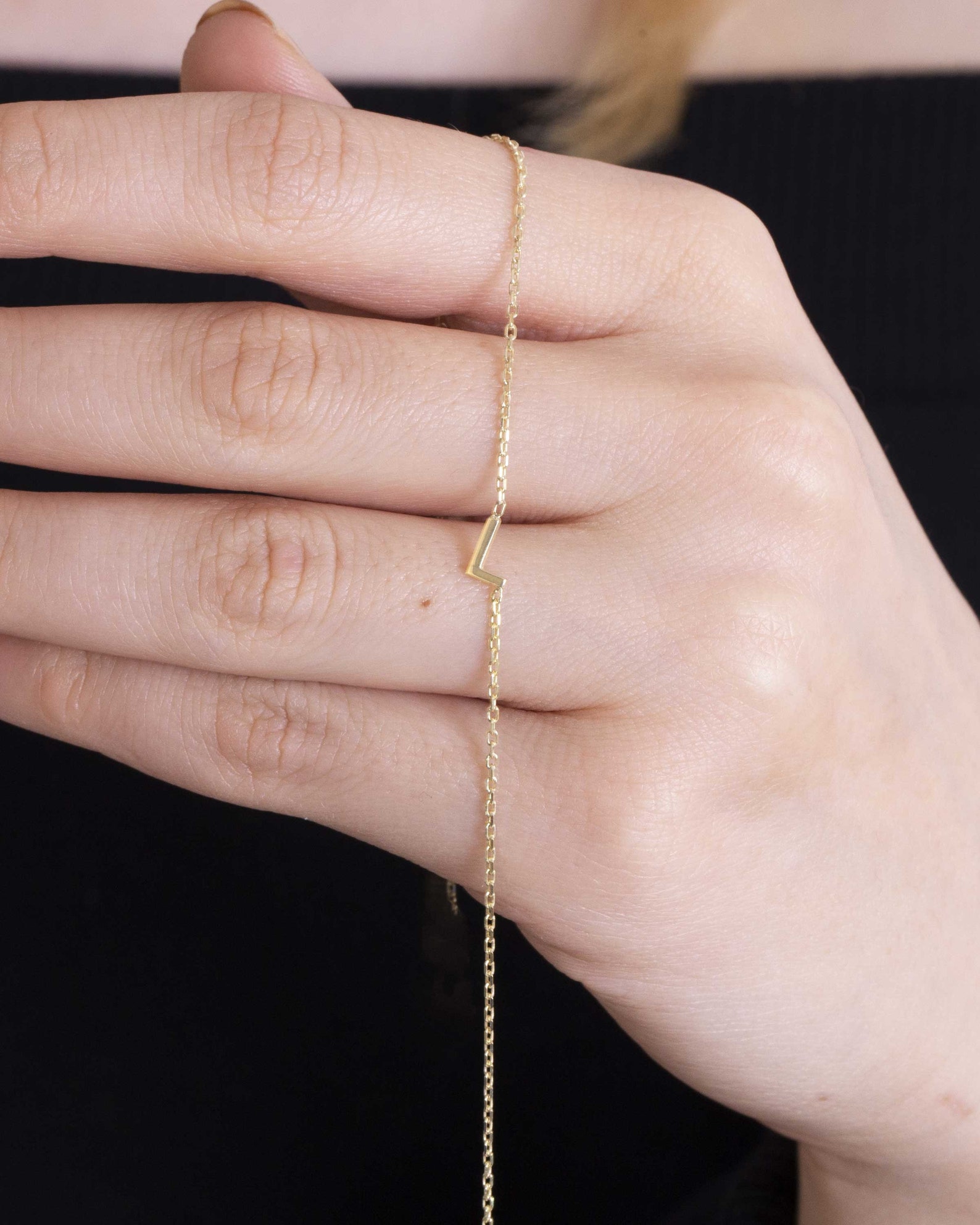 14K Solid Gold Sideways Initial Necklace 14K Initial - Etsy