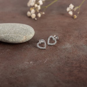 Diamond Heart Stud GOLD Heart Earrings Heart Stud Earrings Heart CZ Stud Earrings in Sterling Silver Cartilage Earrings image 3