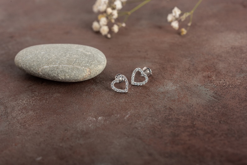 Diamond Heart Stud GOLD Heart Earrings Heart Stud Earrings Heart CZ Stud Earrings in Sterling Silver Cartilage Earrings image 3