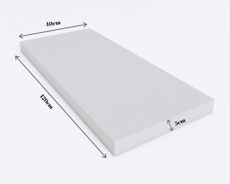 May include: A rectangular, light gray foam block, 40 cm wide, 120 cm long, and 5 cm thick. The block has a smooth, uniform surface and is presented against a plain white background. The dimensions are clearly indicated with arrows.