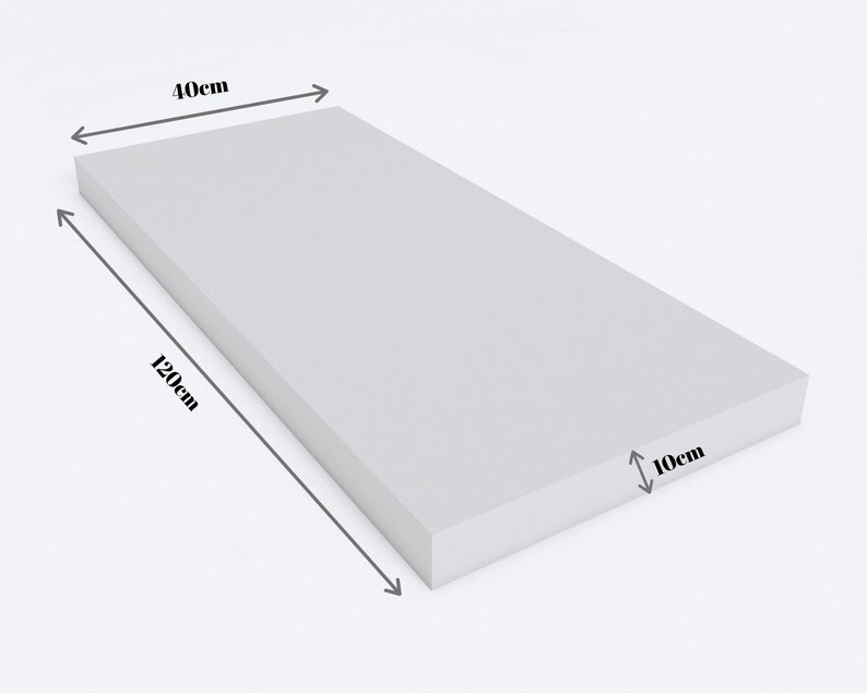 May include: A rectangular, light gray foam block, 40cm x 120cm x 10cm. The block has a smooth, uniform surface and is shown against a plain white background. The dimensions are clearly marked with arrows.