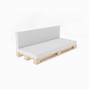May include: A modern, minimalist sofa design. The sofa features a light gray seat and backrest, resting on a wooden pallet base. The clean lines and neutral color palette create a contemporary aesthetic, suitable for various interior styles.