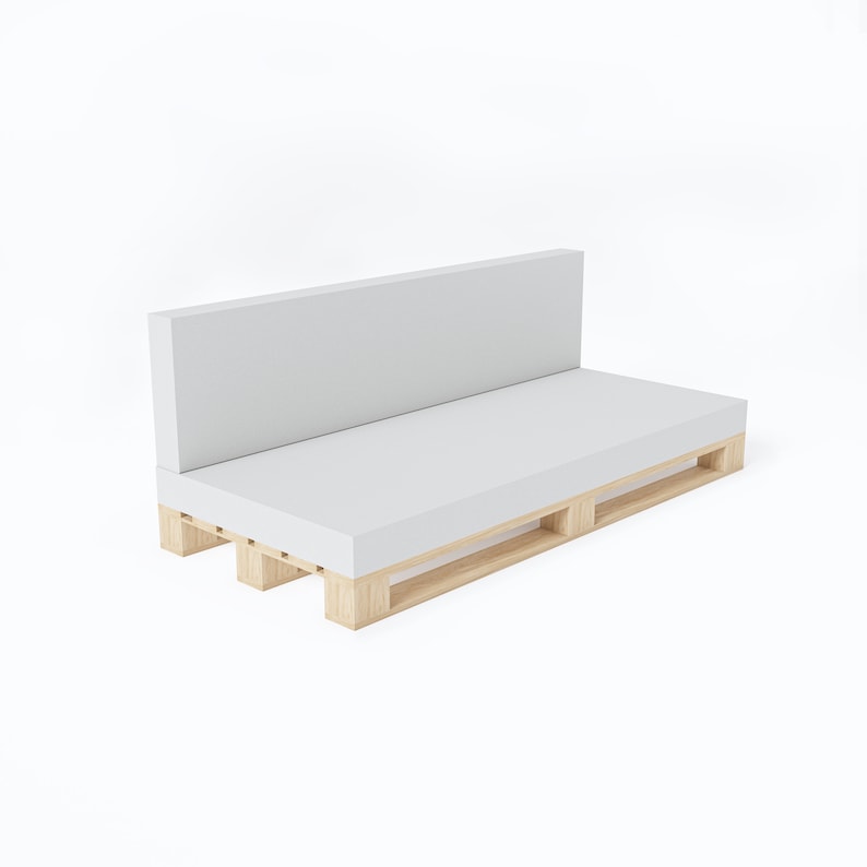 May include: A modern, minimalist sofa design. The sofa features a light gray seat and backrest, resting on a wooden pallet base. The clean lines and neutral color palette create a contemporary aesthetic, suitable for various interior styles.