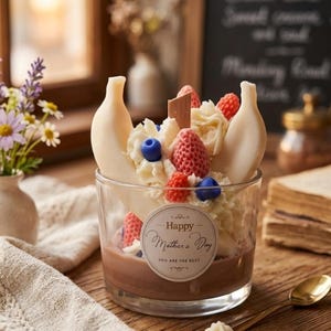 May include: A candle in a clear glass, shaped like a dessert, with white banana-shaped elements, whipped cream, strawberries, blueberries, and a chocolate base. The candle has a "Happy Mother's Day" sticker. The candle sits on a wooden surface.