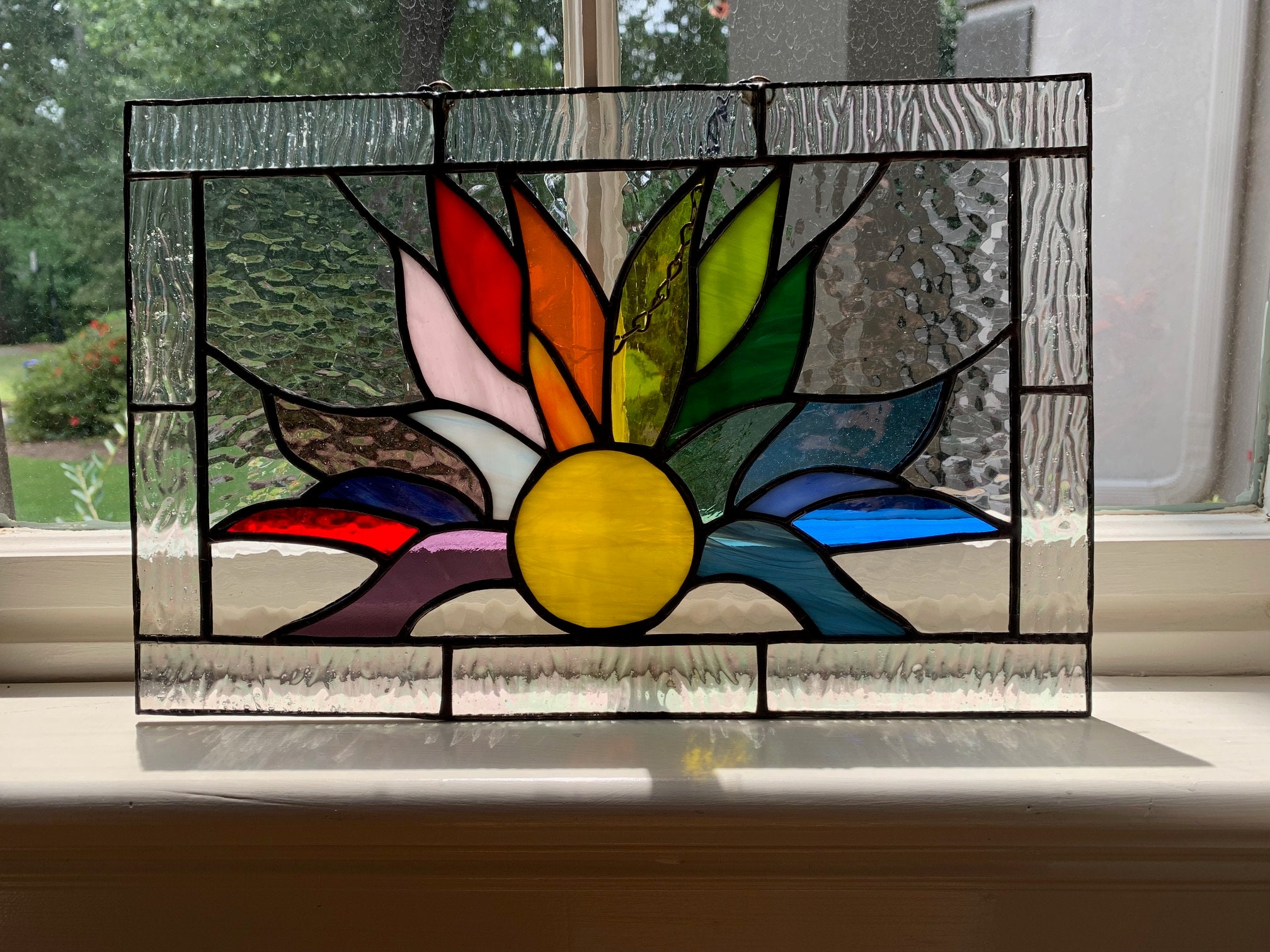 Stained Glass Sunburst Panel Window Hanging Sunset Sunrise Etsy