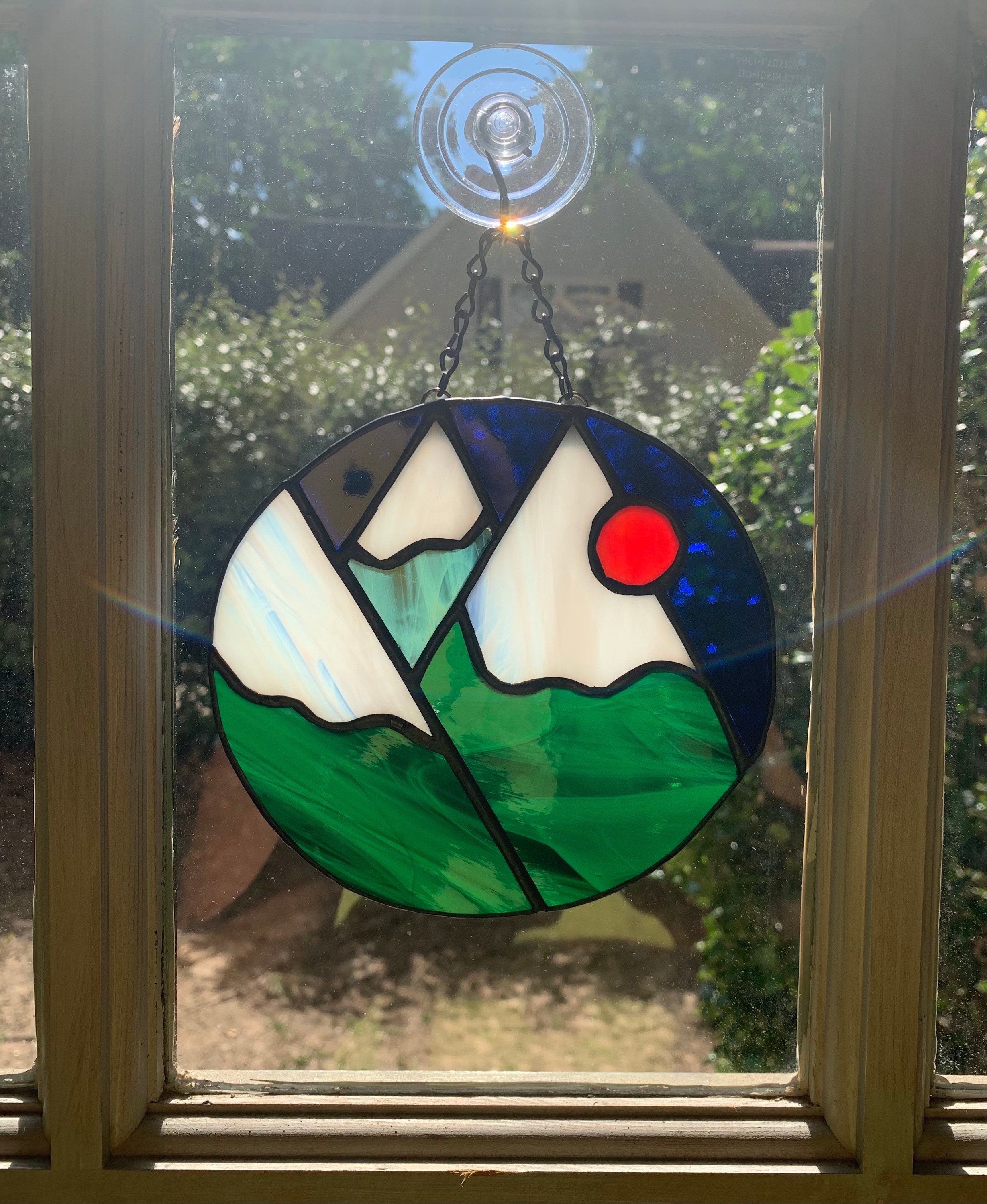 Stained Glass Mountains With Snow and Sun Suncatcher Green Etsy