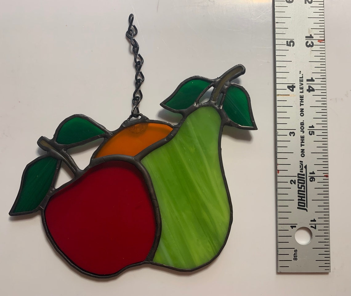 Stained Glass Fruit Art Suncatcher Apple Pear Orange Kitchen Etsy
