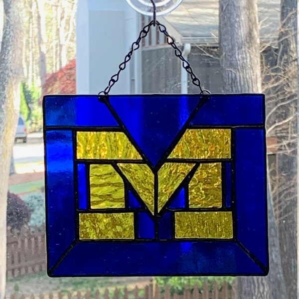 University of Michigan Stained Glass Suncatcher U of M Wolverines Graduation Block M Maize and Blue 2 Sizes Offered