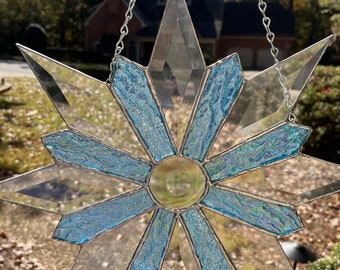 Stained Glass Snowflake Christmas Beveled Glass and Blue Glass for Holidays 14"