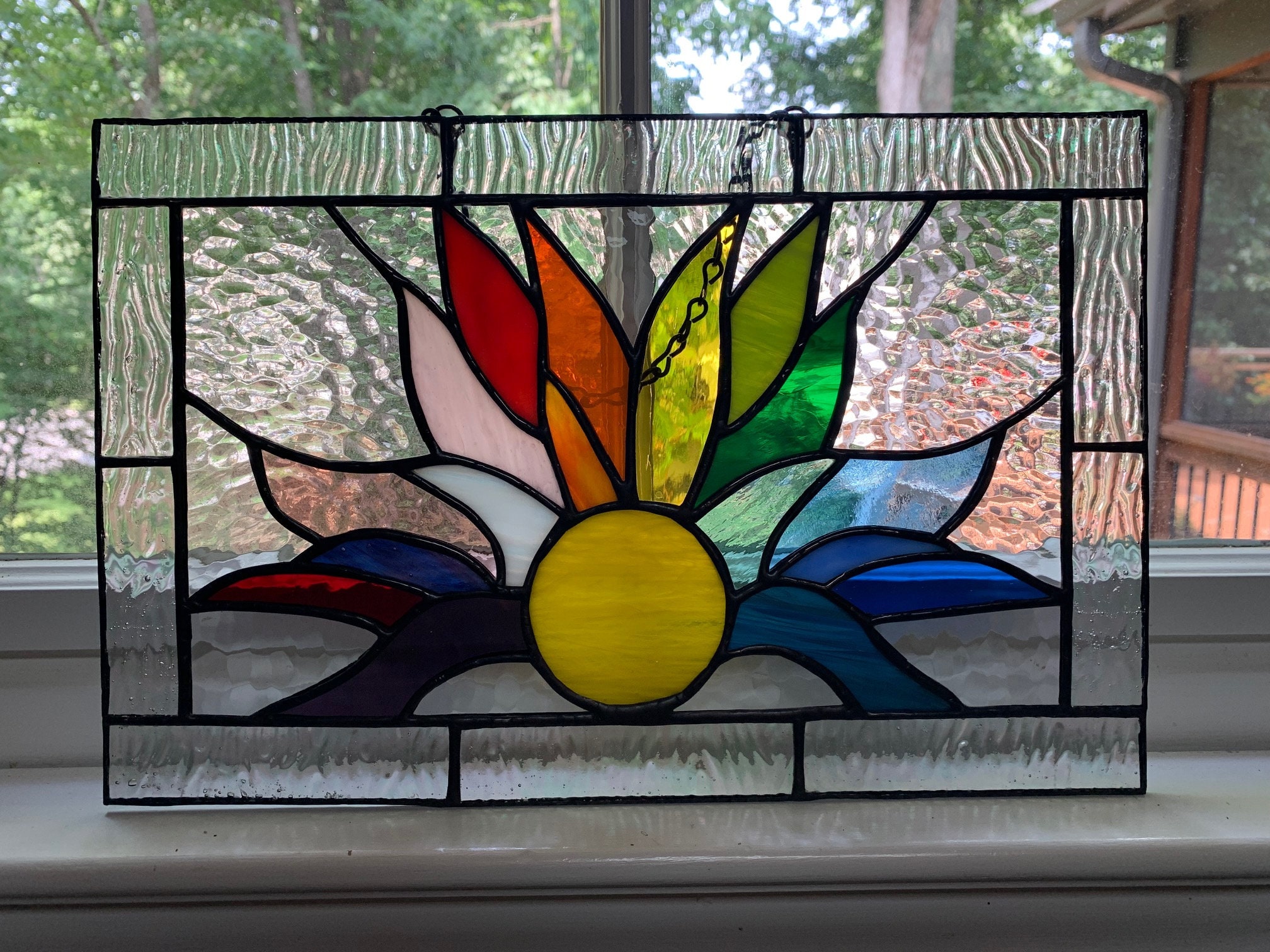Stained Glass Sunburst Panel Window Hanging Sunset Sunrise Etsy