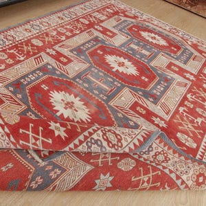 5x7 Red Beige Geometric Vintage Turkish Rug , 4&#39;11&quot; x 7&#39;3&quot;  Rustic  Oushak Area Rugs, 2102041427