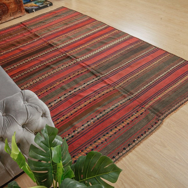 6x9 Nomadic Rustic  Striped Turkish  Kilim Area Rug ,  Handmade Kurdish Rug  ,5'11" x 9'5" Bedroom  Kilim  2103181992