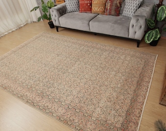 vintage Turkish oriental beige area rug, 6'4" x 9'11"  retro bedroom carpet  2403237581